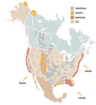 Figure 6 National Petroleum Council
2003 map of future gas resources and
off-limits to acreage in North America.
Source:
http://www.npc.org/reports/NG_Volume
_1.pdf. The United States is a highly
mature exploration province and new
oil sources in conventional traps are
difficult to locate onshore where oil and
gas leasing has historically been
permitted. Unconventional sources (oil
from fractured shales, oil sands, coal
gas and shale gas) contain significant
reserves but require extensive drilling
densities to recover. Significant oil
also remains to be developed with
better field management and advanced
production technologies. The largest
conventional gas and oil sources will
be located primarily in un-explored
blocks offshore or in areas currently
not accessible in the Rocky Mountains
or Alaska. The 2006 US Mineral
Management Service estimates 85.9
billion barrels of oil and 419 TCF left to
find in offshore areas alone
(http://www.mms.gov/revaldiv/PDFs/20
06NationalAssessmentBrochure.pdf).
These are probabilistic numbers only.
The real value can only be determined
through drilling.