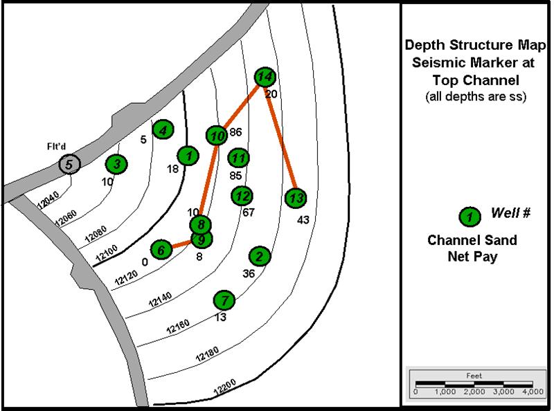 Figure 3: Structure Map; Top of Channel Sand (TVT Net Pay values for the gorge sand are shown)