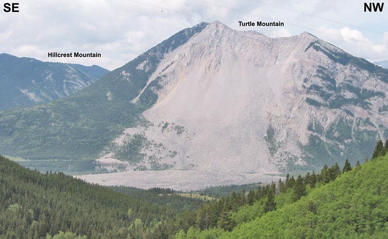 Turtle Mountain Anticline, visible in Turtle Mountain and Hillcrest Mountain. Such steeply dipping to overturned eastern limbs and shallowly dipping western limbs are common in anticlines in southwest Alberta. On Turtle Mountain, most of the steep limb was removed by the “Frank slide.”
Photo courtesy of Deborah Spratt, University of Calgary