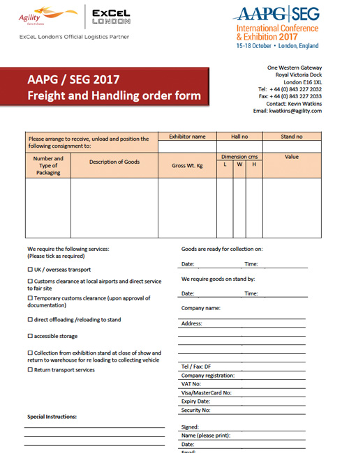 ICE 2017 Freight Handling and Order Form