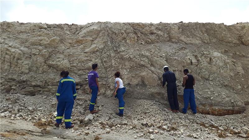 Students examine folded and faulted marl units at the OAS Quarry, La Fortune Anticline, Woodland Trinidad.