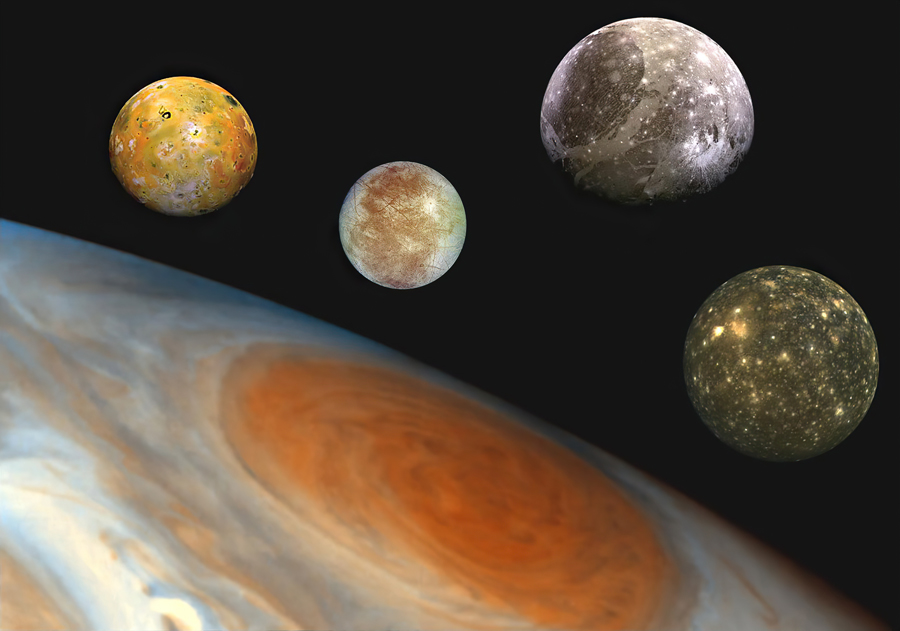 Jupiter and the Galilean moons. Left to right are Io, Europa, Ganymede and Callisto. Composite image from Galileo Mission images (not to scale). All images are courtesy of NASA/JPL/Caltech.